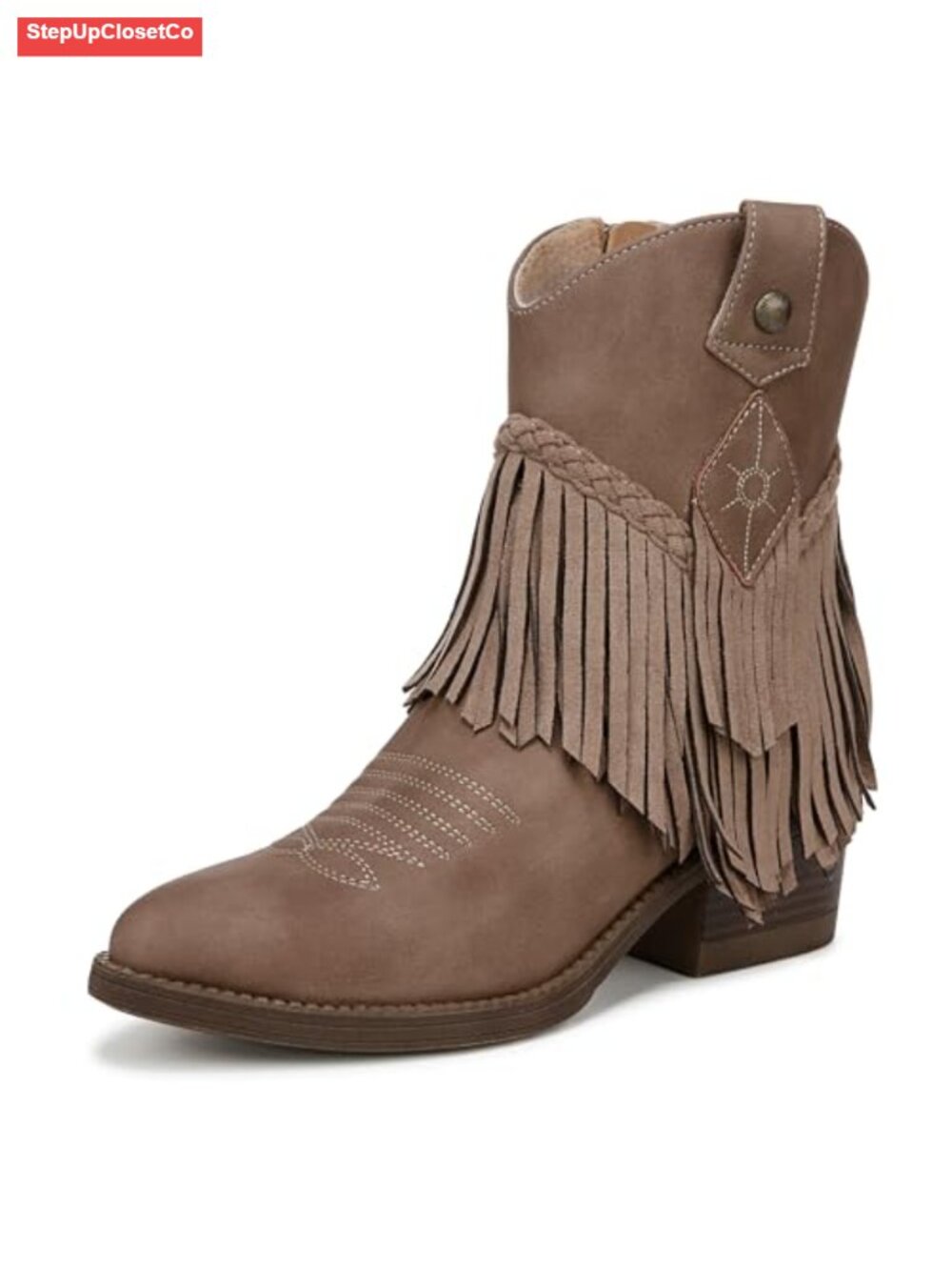 Faux Leather Western Ankle Boots Almond Toe Block Heel Fringe Braided